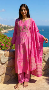 PINK COLOURED  WOMEN'S POLYSTER KURTA WITH  DUPATTA SET